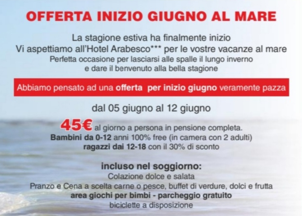 Promozione Hotel Arabesco dal 5 giungo al 12 giugno 2022