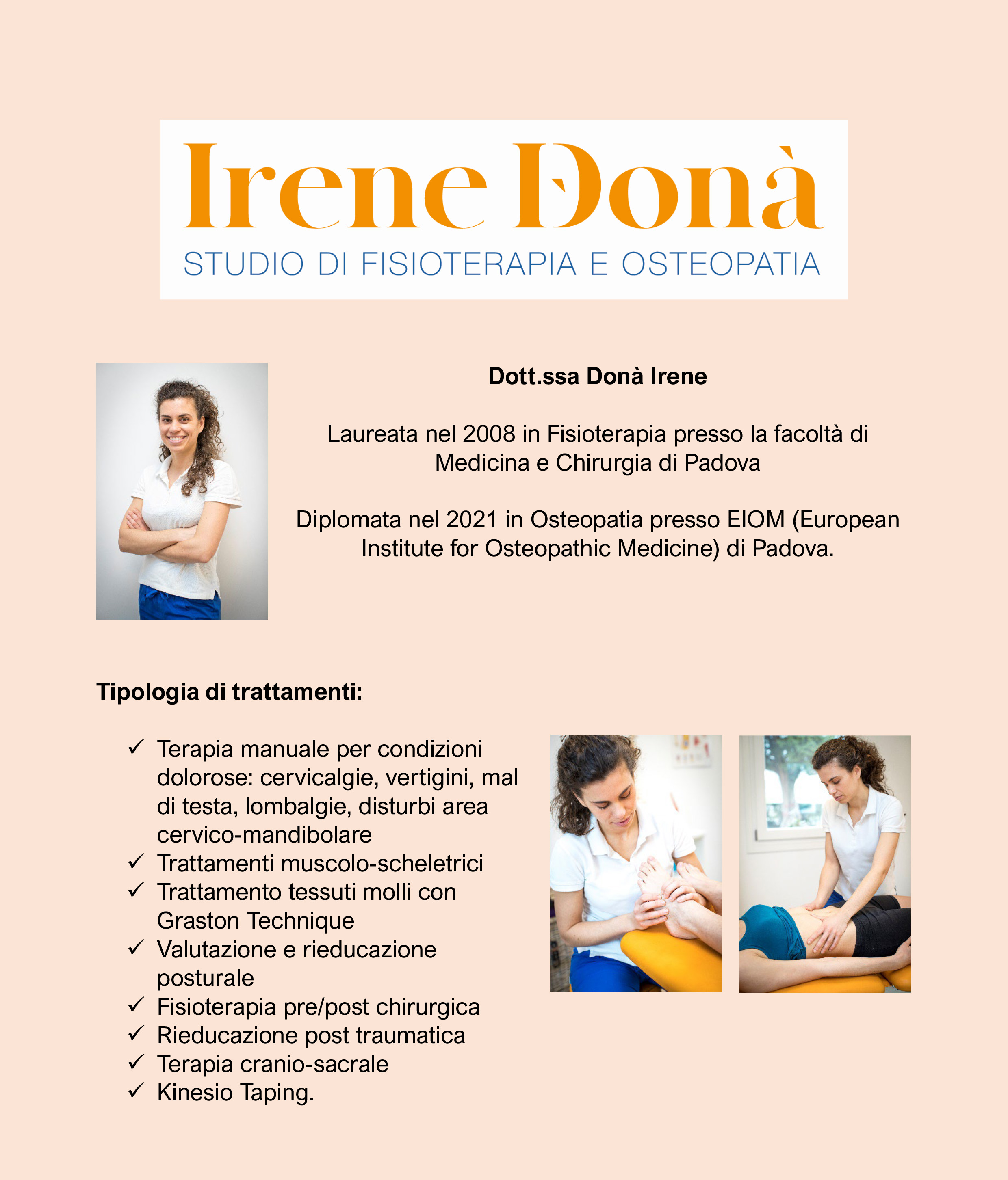 Locandina Dott.ssa Irene Donà - Studio di Fisioterapia e Osteopatia
