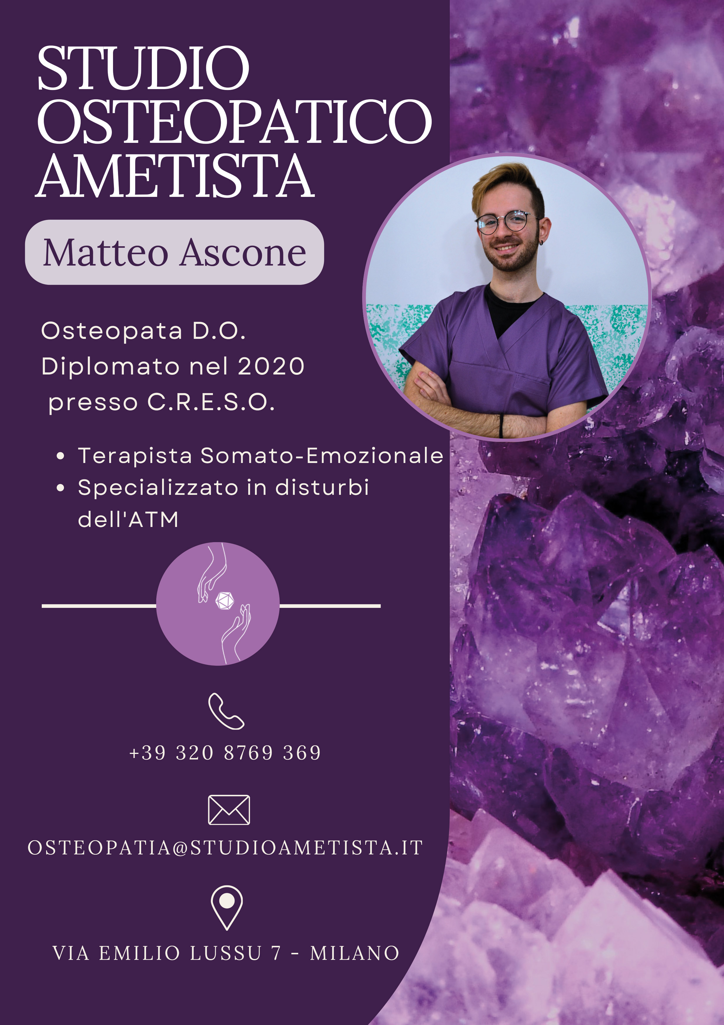 locandina presentazione e contatti Studio Osteopatico Ametista - Dott. Matteo Ascone