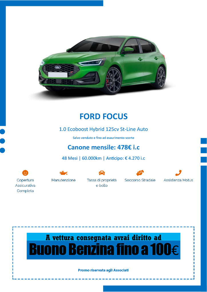 FORD FOCUS - 1.0 Ecoboost Hybrid 125cv St-Line Auto Salvo venduto e  no ad esaurimento scorte - Canone mensile: 478€ i.c - 48 Mesi | 60.000km | An cipo: € 4.270 i.c
