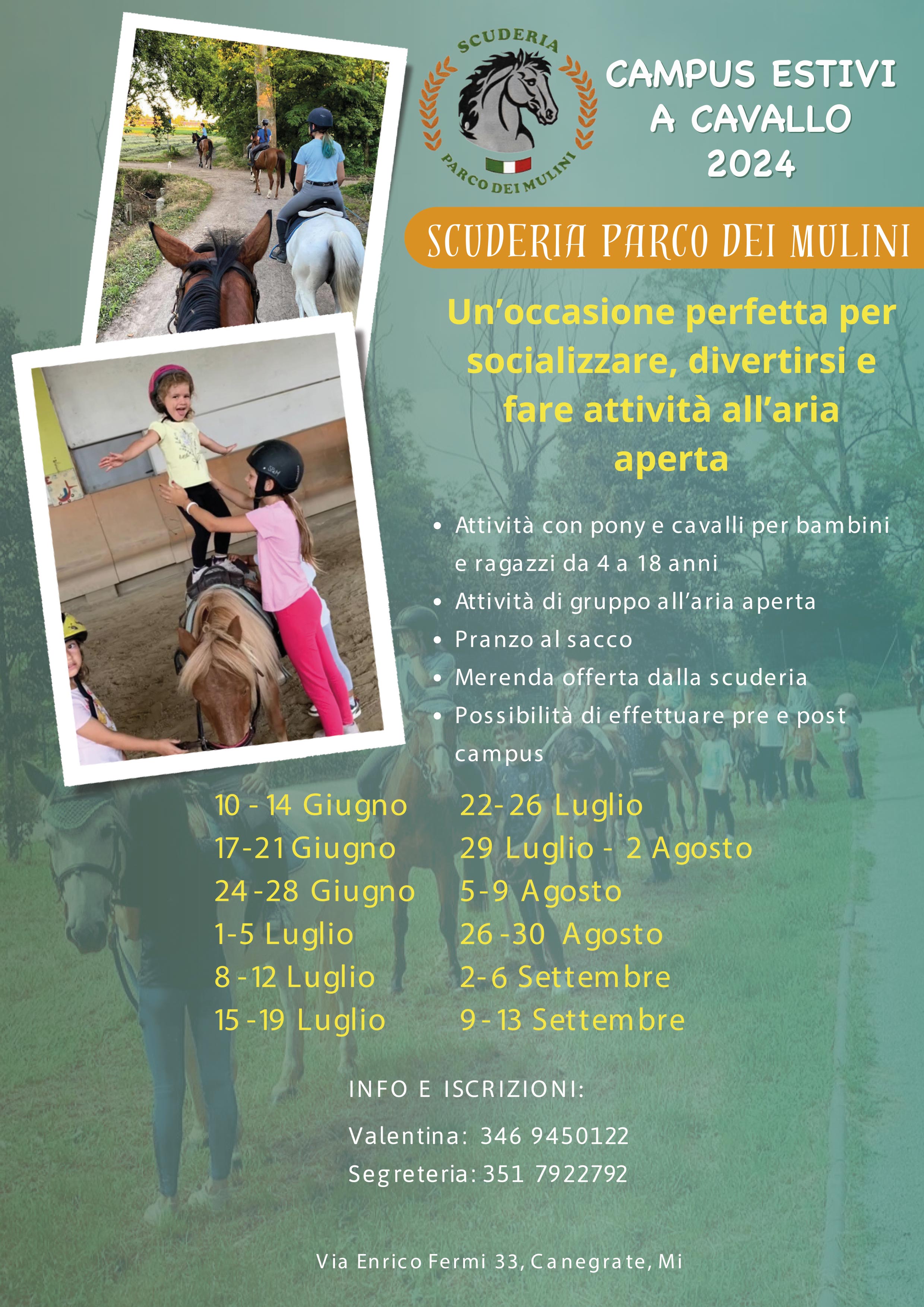 Locandina Campus estivo a cavallo per bambini Canegrate: vieni alla Scuderia Parco dei Mulini