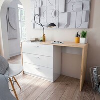 Comò Cassettiera Con Scrivania Estensibile 3 Cassetti Effetto Legno Rovere E Bianco Kommo