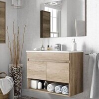 Mobile Bagno Sospeso 80 Cm Con Colonna, Lavabo E Specchio Rovere - Dakota 96250