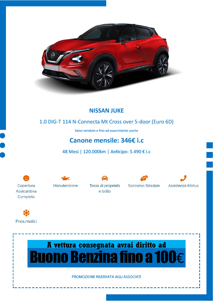 NISSAN JUKE
1.0 DIG-T 114 N-Connecta Mt Cross over 5-door (Euro 6D) Salvo venduto e  no ad esaurimento scorte
Canone mensile: 346€ i.c
48 Mesi | 120.000km | An cipo: 5.490 € i.c