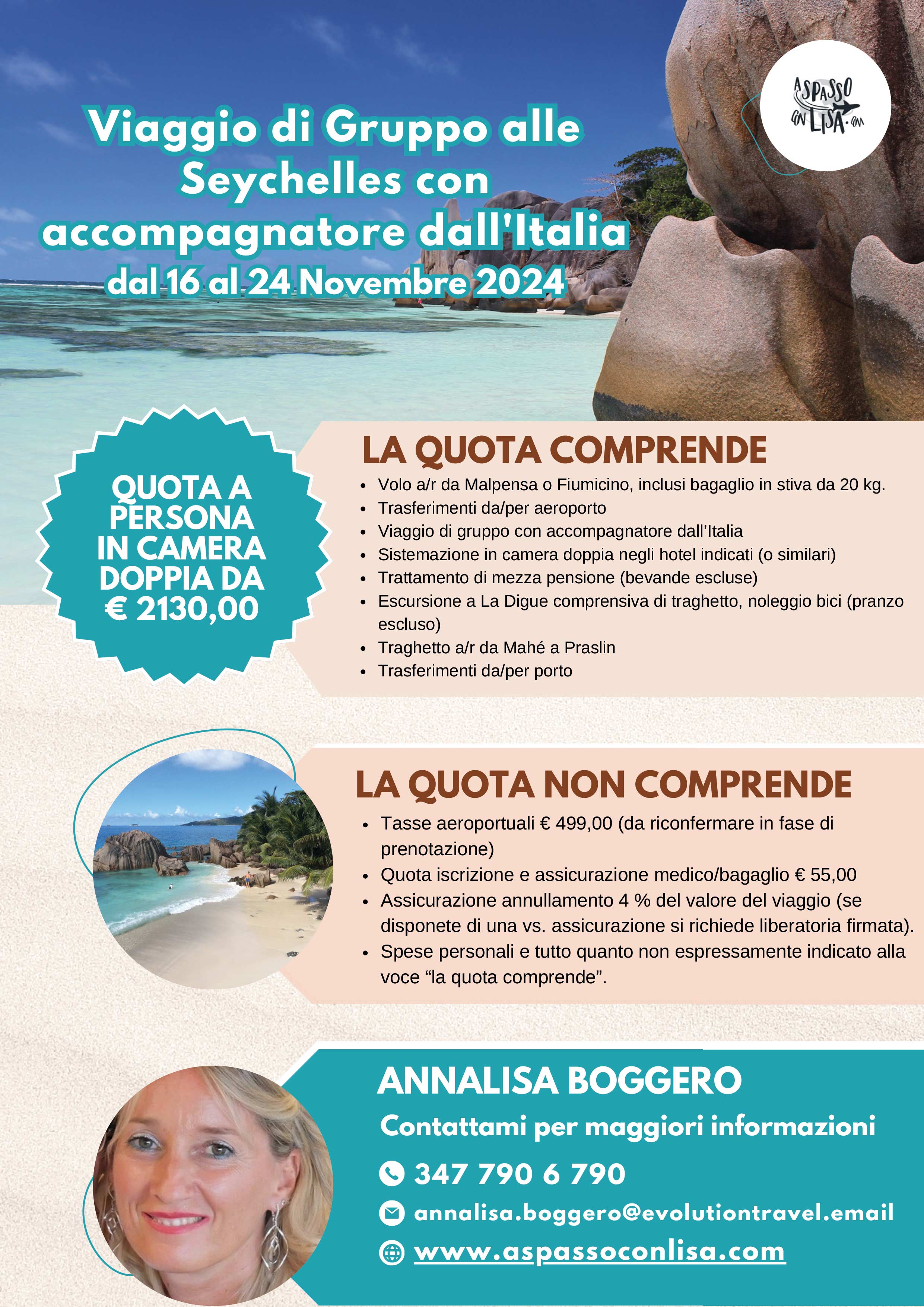locandina Viaggio di Gruppo alle Seychelles con accompagnatore dall'Italia dal 16 al 24 Novembre 2024