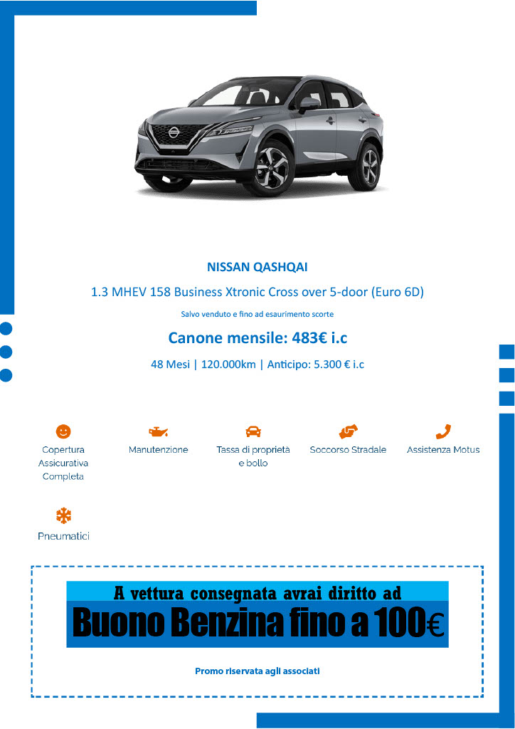 NISSAN QASHQAI
1.3 MHEV 158 Business Xtronic Cross over 5-door (Euro 6D) Salvo venduto e  no ad esaurimento scorte
Canone mensile: 483€ i.c
48 Mesi | 120.000km | An cipo: 5.300 € i.c